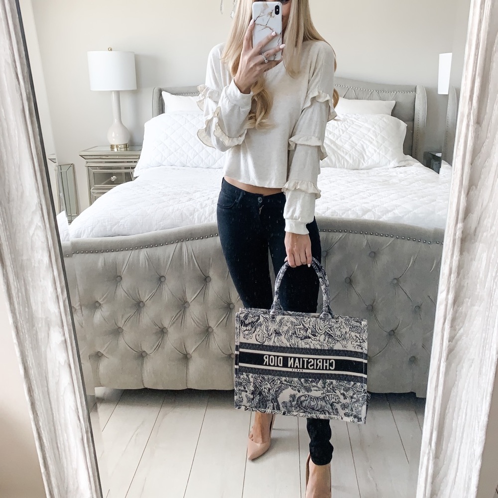 Ruffle Oatmeal Long Sleeve Detail Loose Top